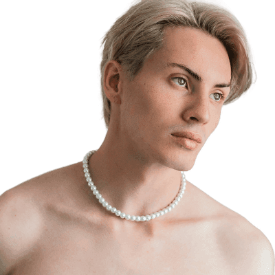 a man with a pearl necklace on his neck