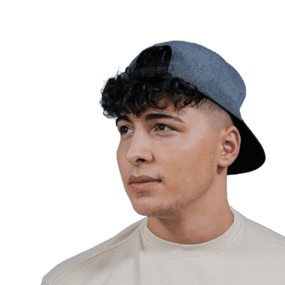 a young man wearing a hat and a t - shirt