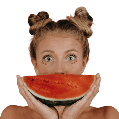 woman covering her mouth with watermelon