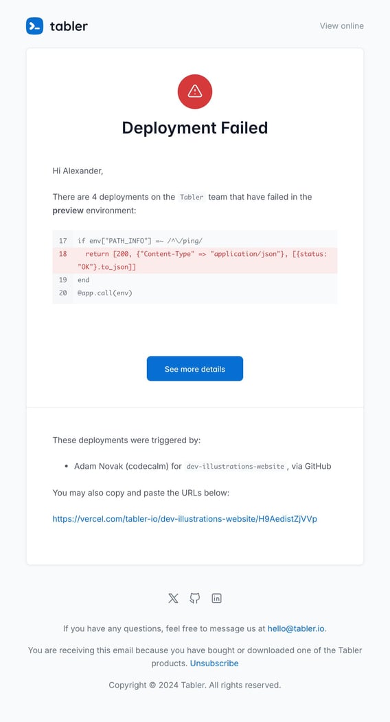 Tabler Emails - deployment-failed