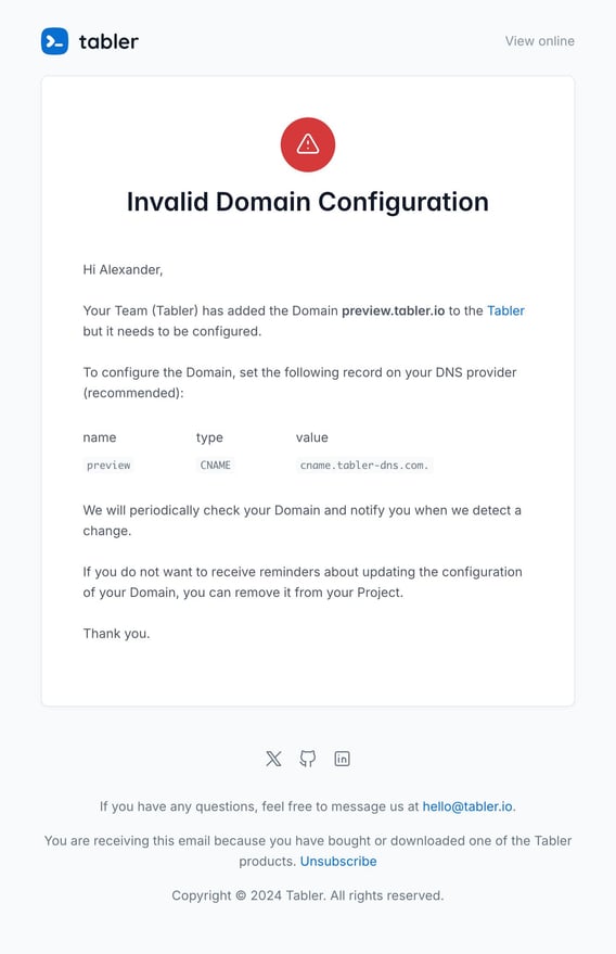 Tabler Emails - domain-configuration