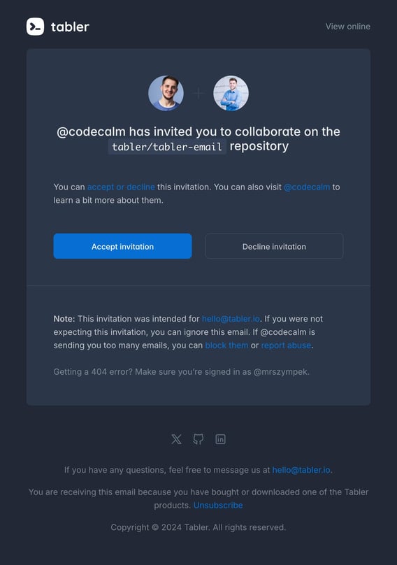 Tabler Emails - invitation Dark