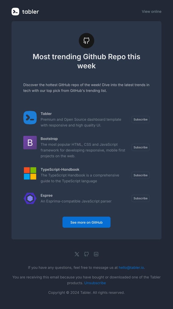 Tabler Emails - subscribe Dark