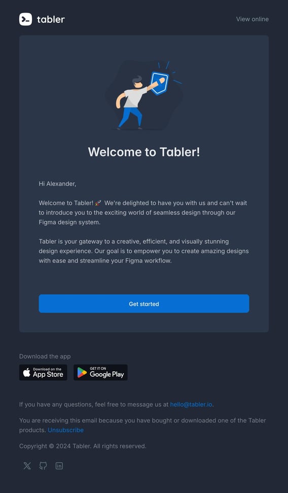 Tabler Emails - welcome Dark